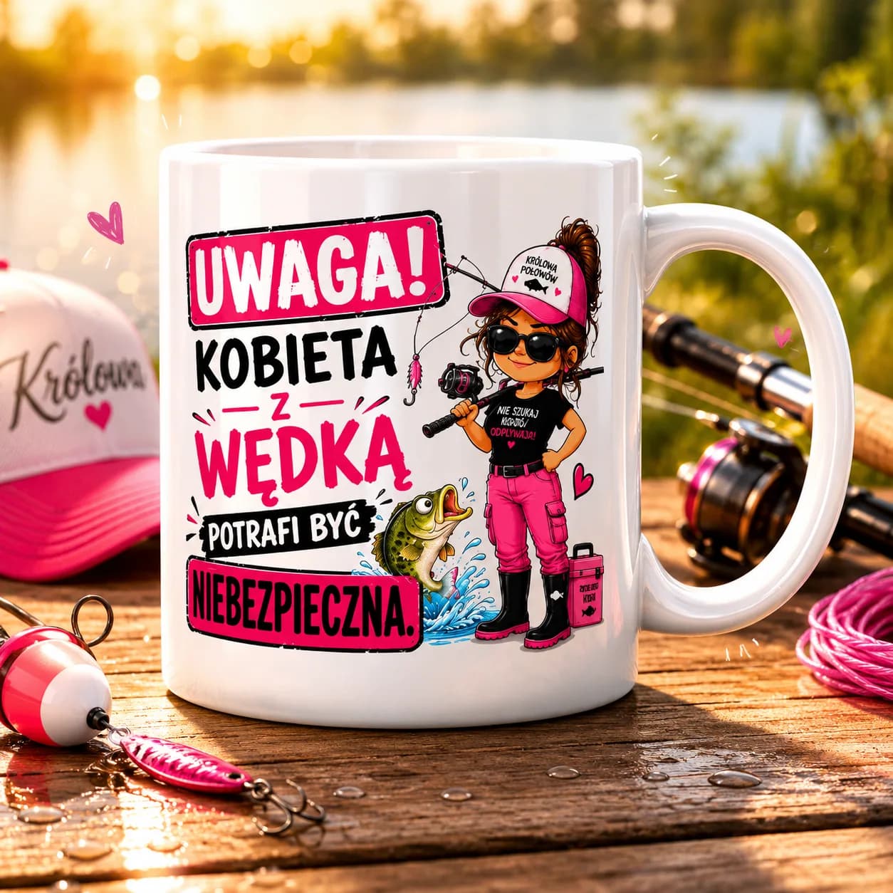 Kubek UWAGA KOBIETA Z WĘDKĄ POTRAFI BYĆ NIEBEZPIECZNA