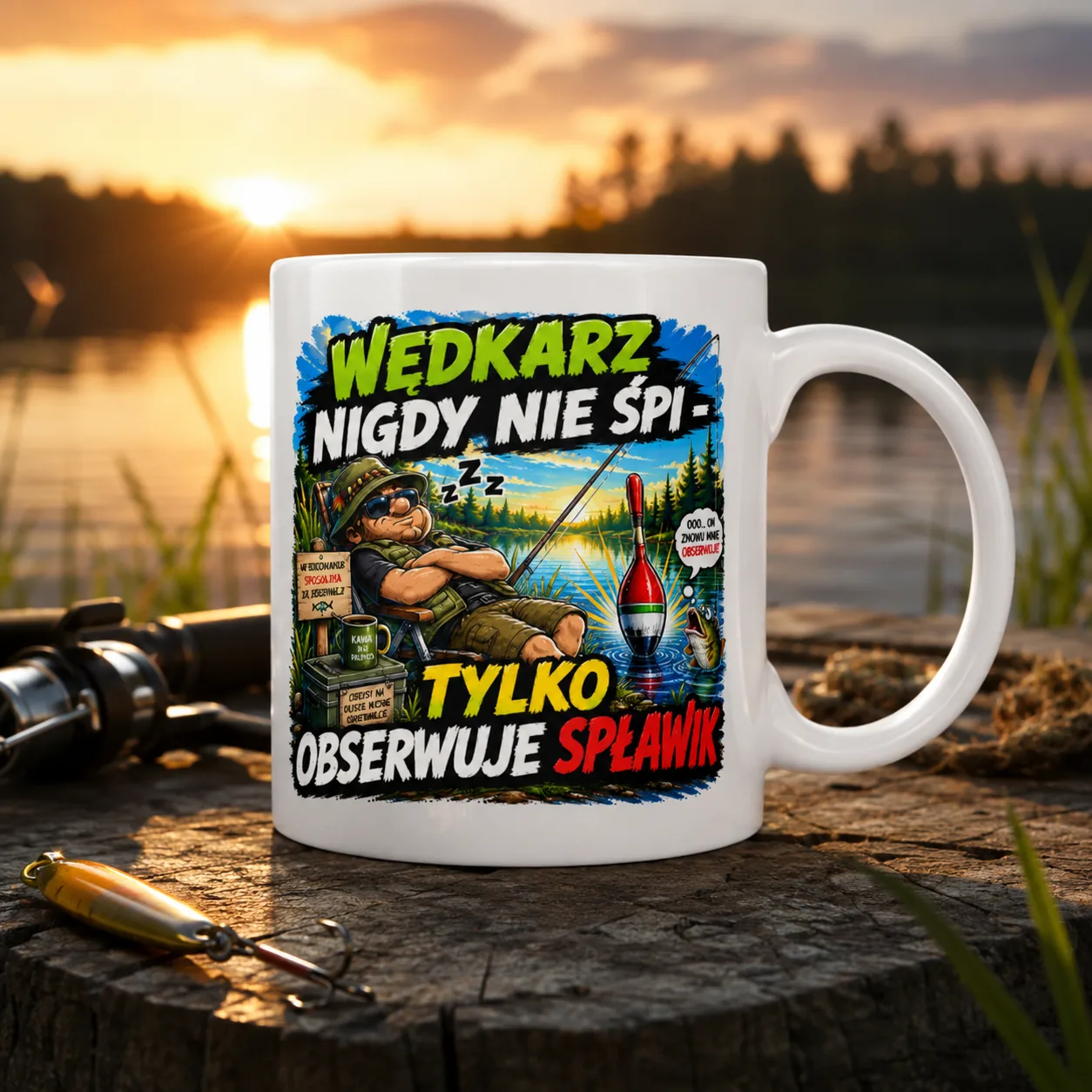 Kubek WĘDKARZ NIGDY NIE ŚPI TYLKO OBSERWUJE SPŁAWIK